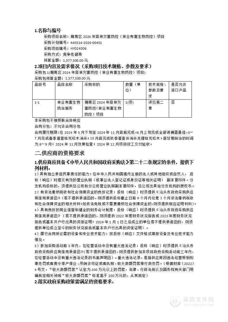 潮南区2024年森林灾害防控（林业有害生物防控）项目