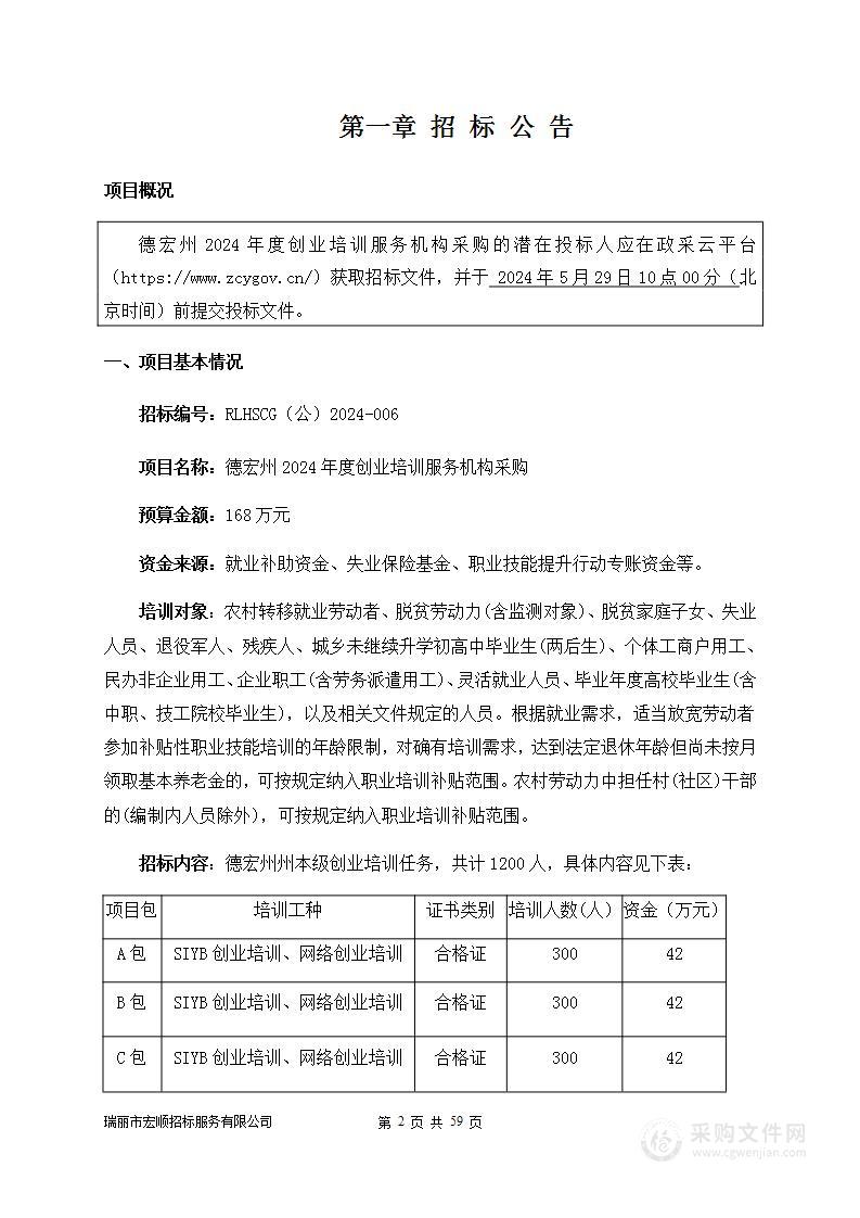 德宏州2024年度创业培训服务机构采购