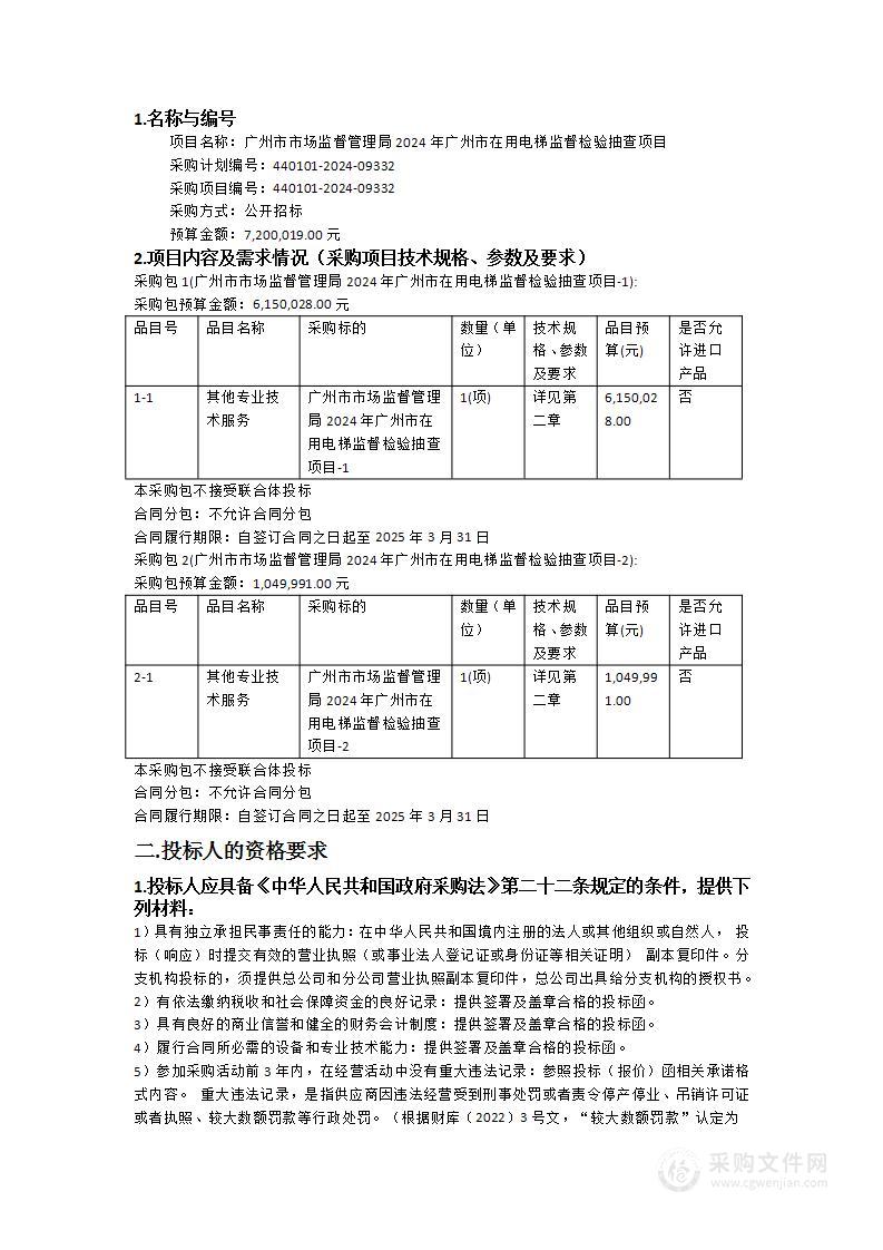 广州市市场监督管理局2024年广州市在用电梯监督检验抽查项目