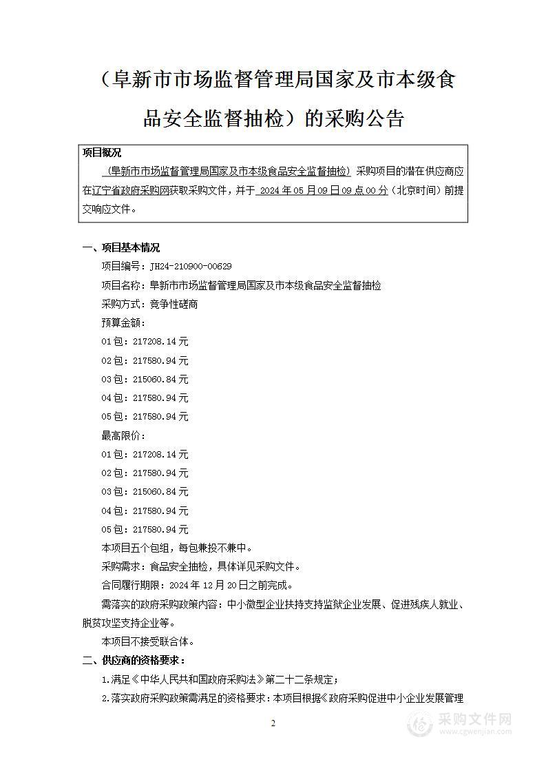 阜新市市场监督管理局国家及市本级食品安全监督抽检