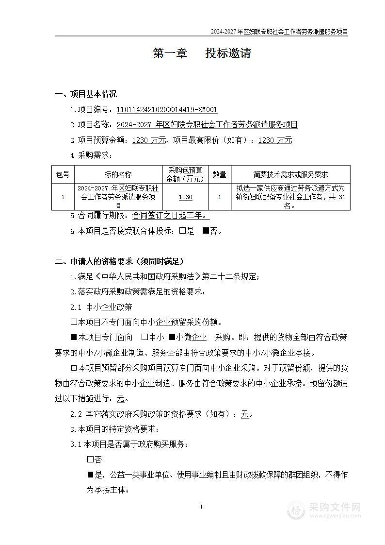 2024-2027年区妇联专职社会工作者劳务派遣服务项目