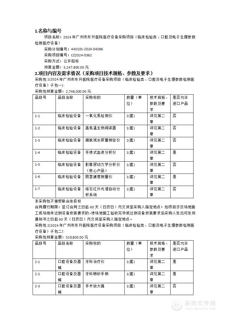 2024年广州市东升医院医疗设备采购项目（临床检验类、口腔及电子生理参数检测医疗设备）