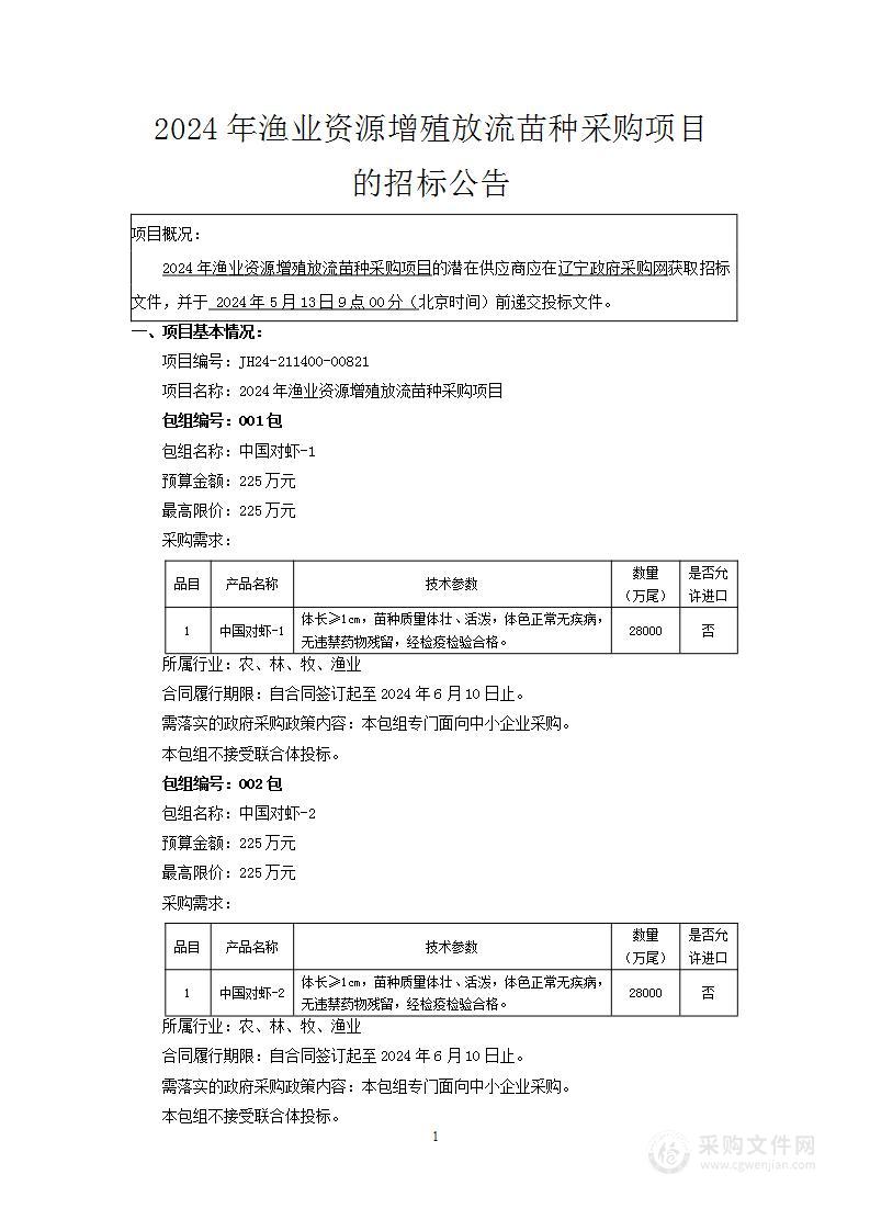 2024年渔业资源增殖放流苗种采购项目