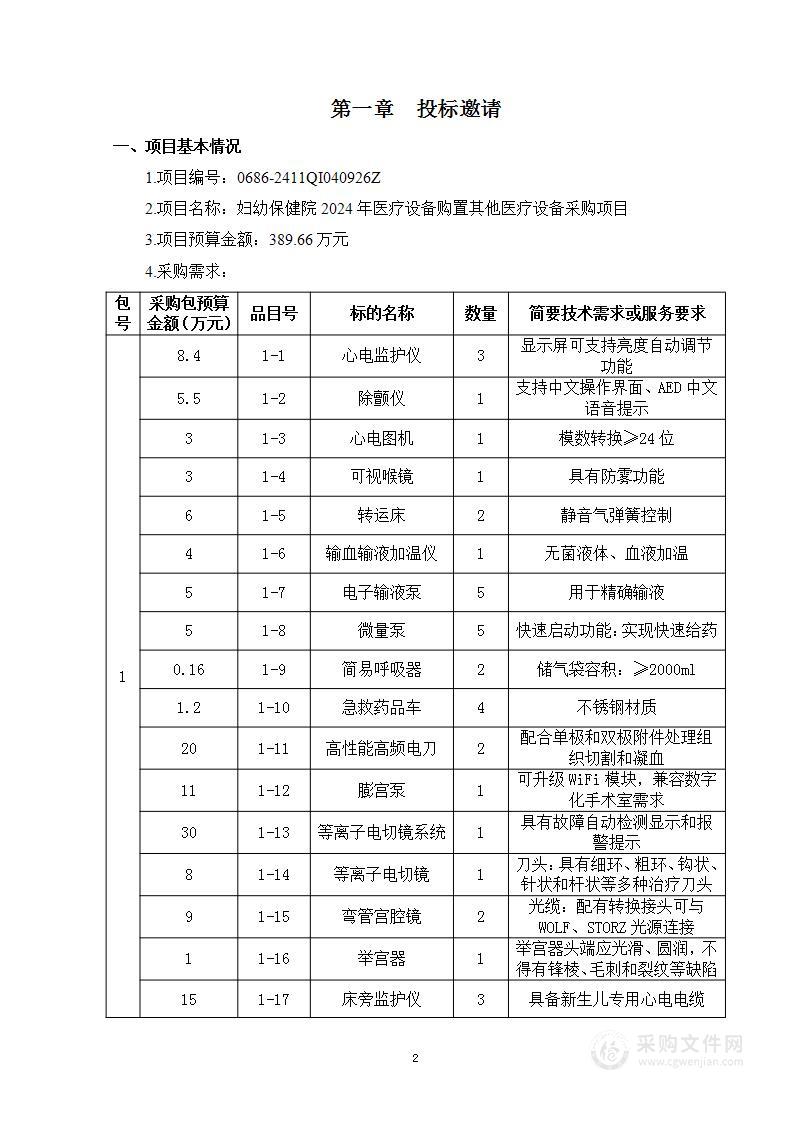 妇幼保健院2024年医疗设备购置其他医疗设备采购项目