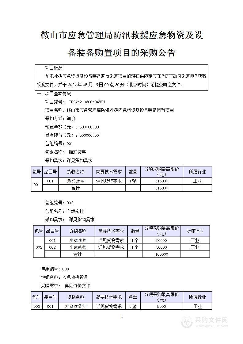 鞍山市应急管理局防汛救援应急物资及设备装备购置项目