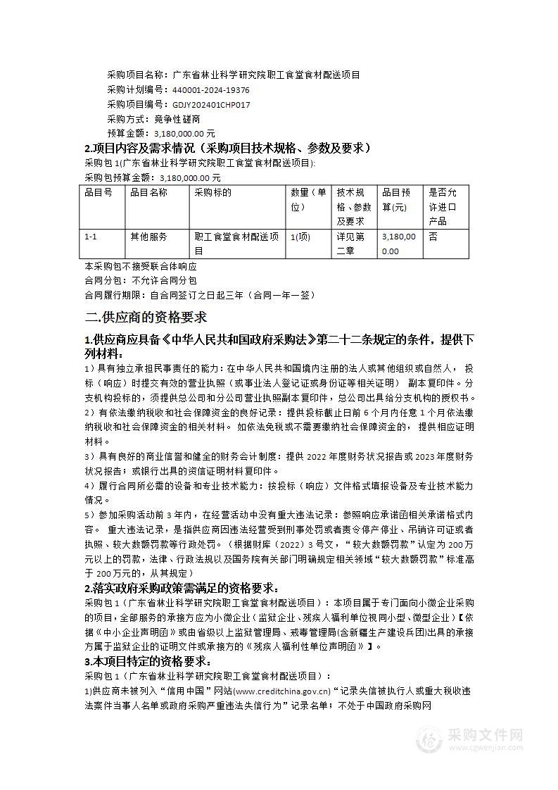 广东省林业科学研究院职工食堂食材配送项目