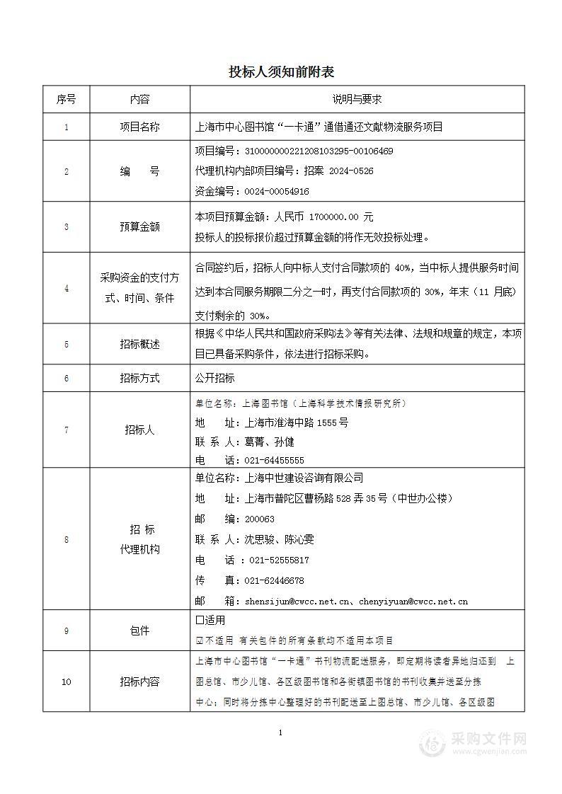 上海市中心图书馆“一卡通”通借通还文献物流服务项目