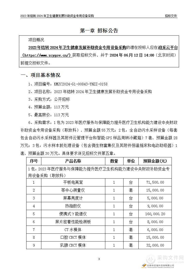 2023年结转2024年卫生健康发展补助资金专用设备采购（1包：2023年医疗服务与保障能力提升医疗卫生机构能力建设中央财政补助资金专用设备采购（职放科））