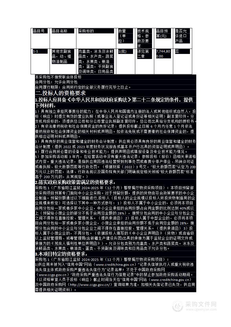 广东省阳江监狱2024-2025年（12个月）警察餐厅物资采购项目