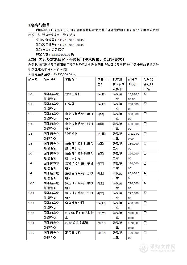 广东省阳江市阳东区镇区垃圾污水处理设施建设项目（阳东区10个镇中转站新建或升级改造建设项目）设备采购