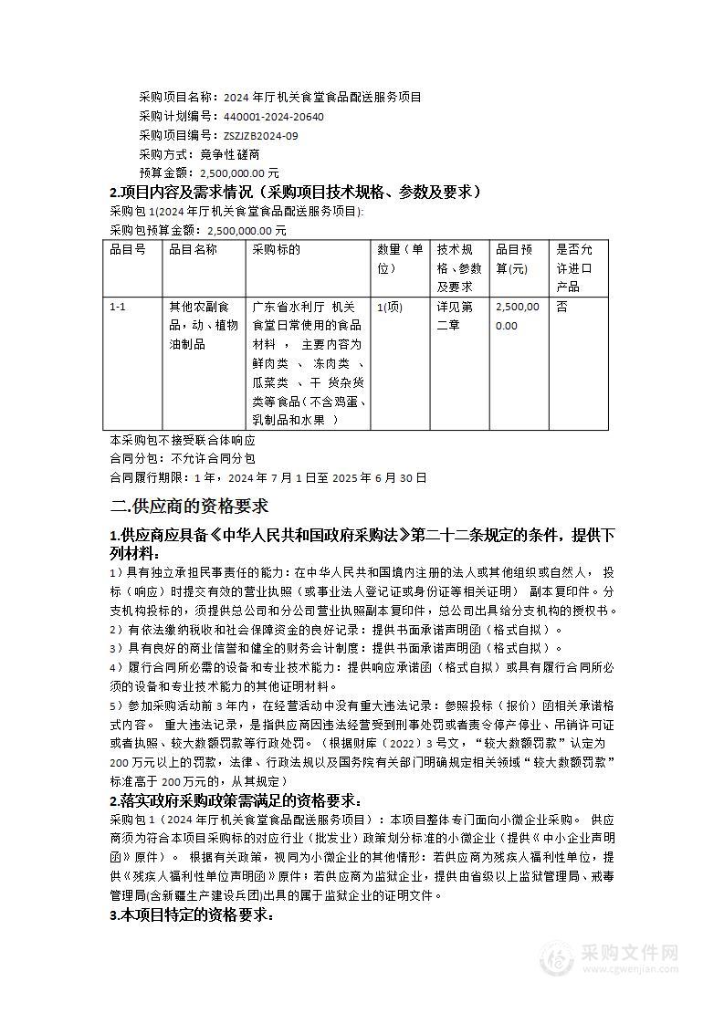 2024年厅机关食堂食品配送服务项目