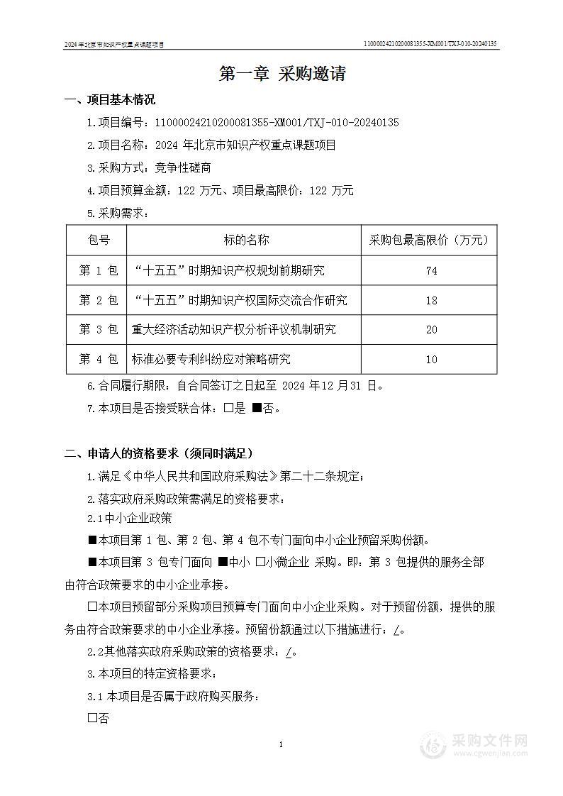 2024年北京市知识产权重点课题项目