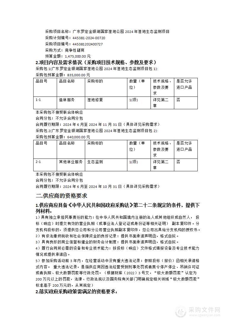 广东罗定金银湖国家湿地公园2024年湿地生态监测项目