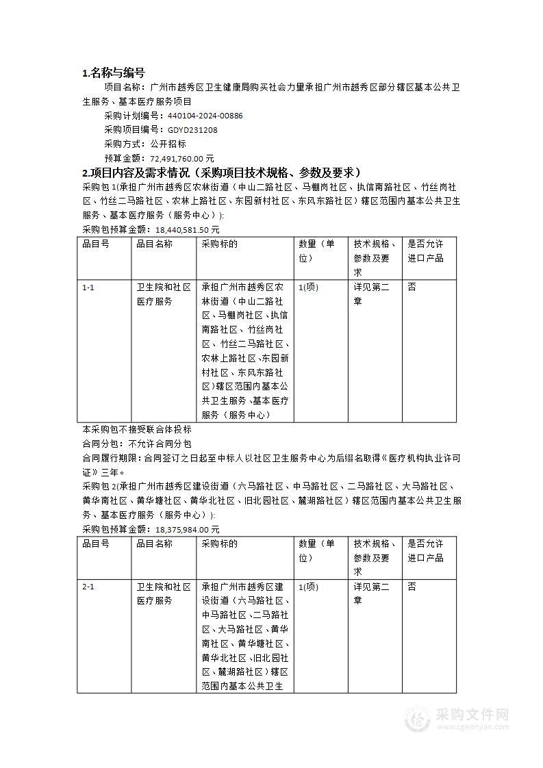 广州市越秀区卫生健康局购买社会力量承担广州市越秀区部分辖区基本公共卫生服务、基本医疗服务项目