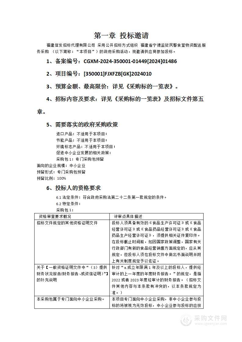 福建省宁德监狱民警食堂物资配送服务采购