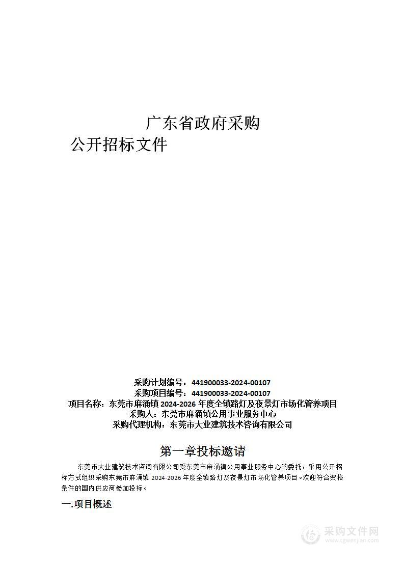 东莞市麻涌镇2024-2026年度全镇路灯及夜景灯市场化管养项目