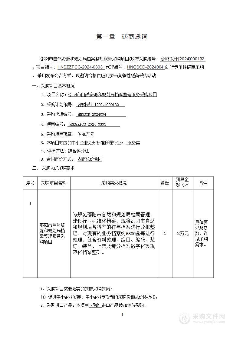 邵阳市自然资源和规划局档案整理服务采购项目