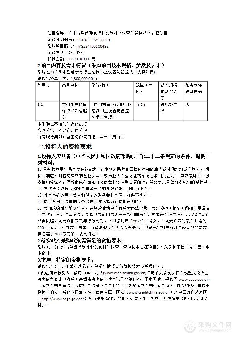 广州市重点涉氮行业总氮排放调查与管控技术支撑项目