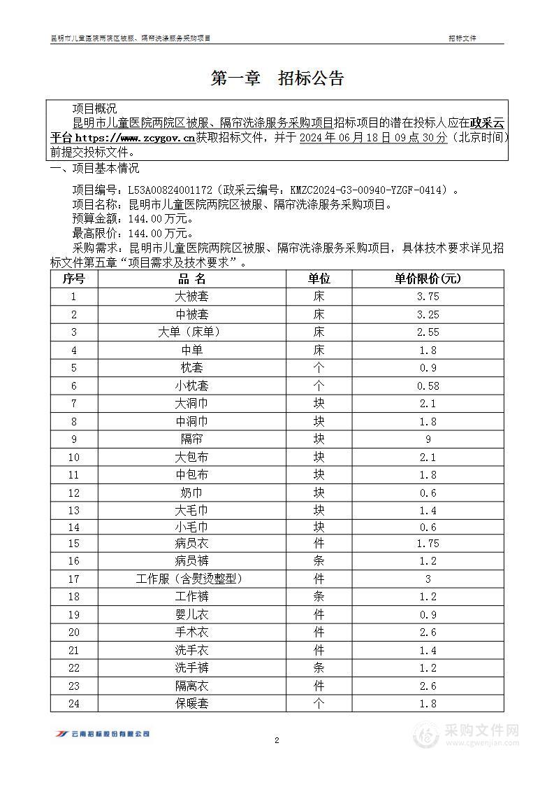 昆明市儿童医院两院区被服、隔帘洗涤服务采购项目