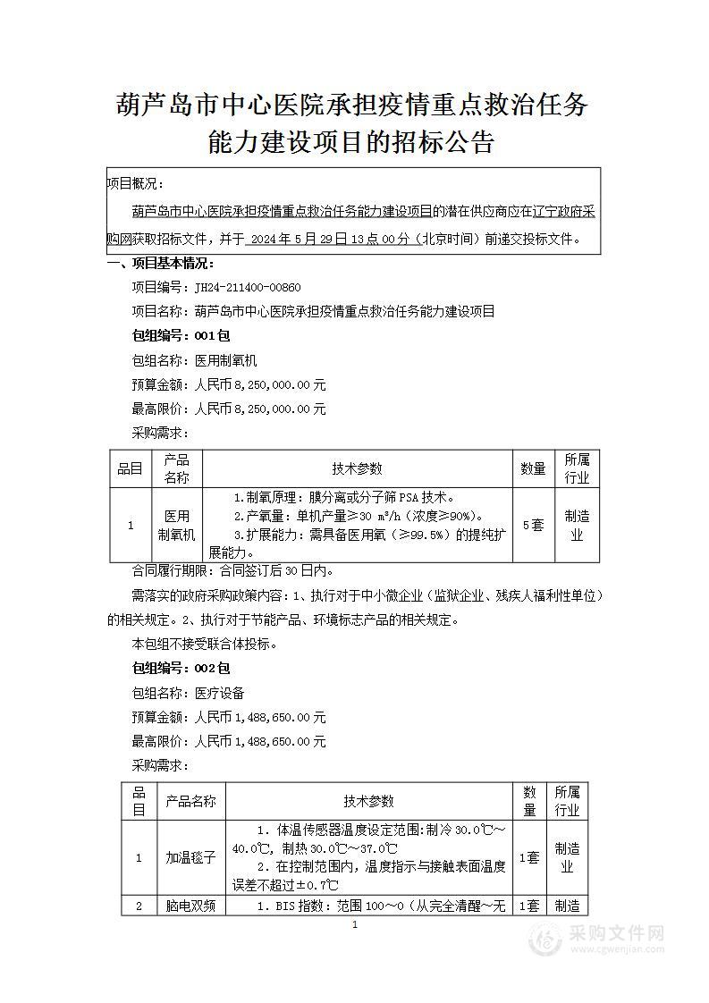 葫芦岛市中心医院承担疫情重点救治任务能力建设项目