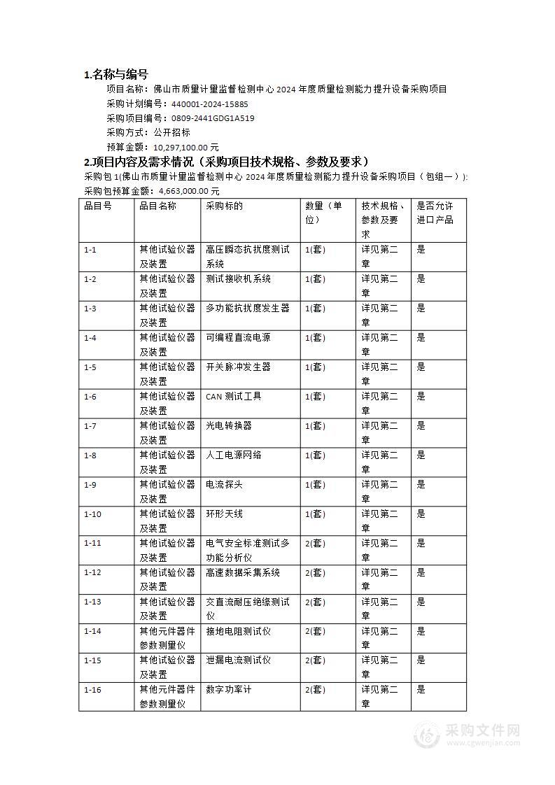 佛山市质量计量监督检测中心2024年度质量检测能力提升设备采购项目