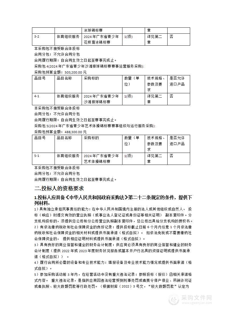 2024年广东省青少年自行车（场地）、小轮车（自由式）、小轮车（竞速）、艺术体操、射击（步手枪）、沙滩排球、冰球、花样滑冰等8项锦标赛赛事组织与运行服务