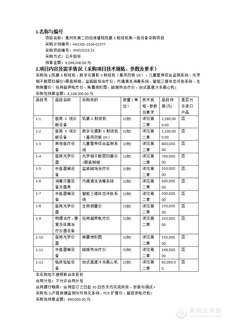 惠州市第二妇幼保健院乳腺X射线机等一批设备采购项目