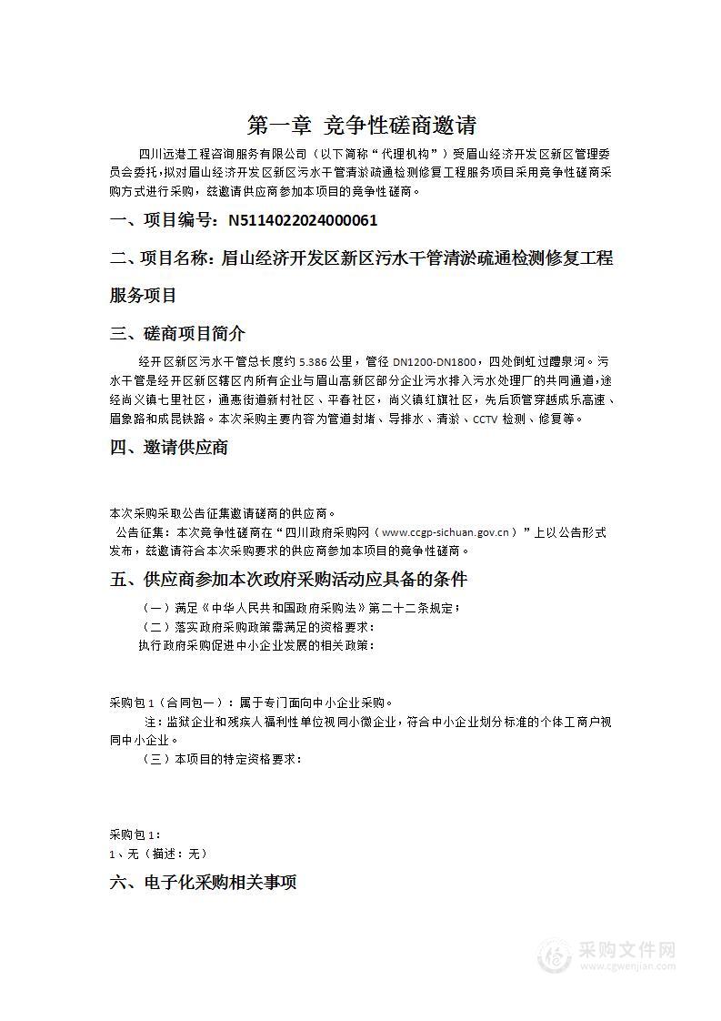 眉山经济开发区新区污水干管清淤疏通检测修复工程服务项目