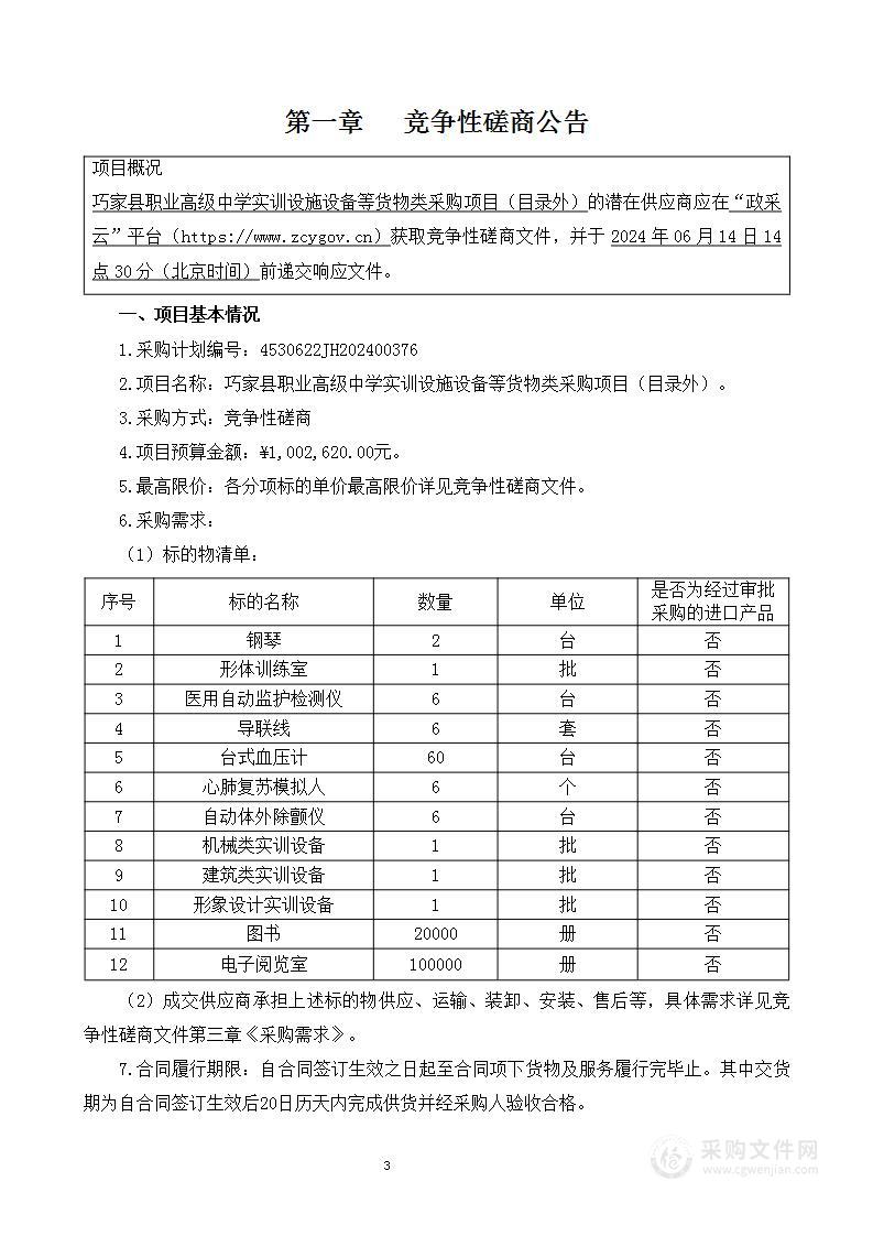 巧家县职业高级中学实训设施设备等货物类采购项目（目录外）