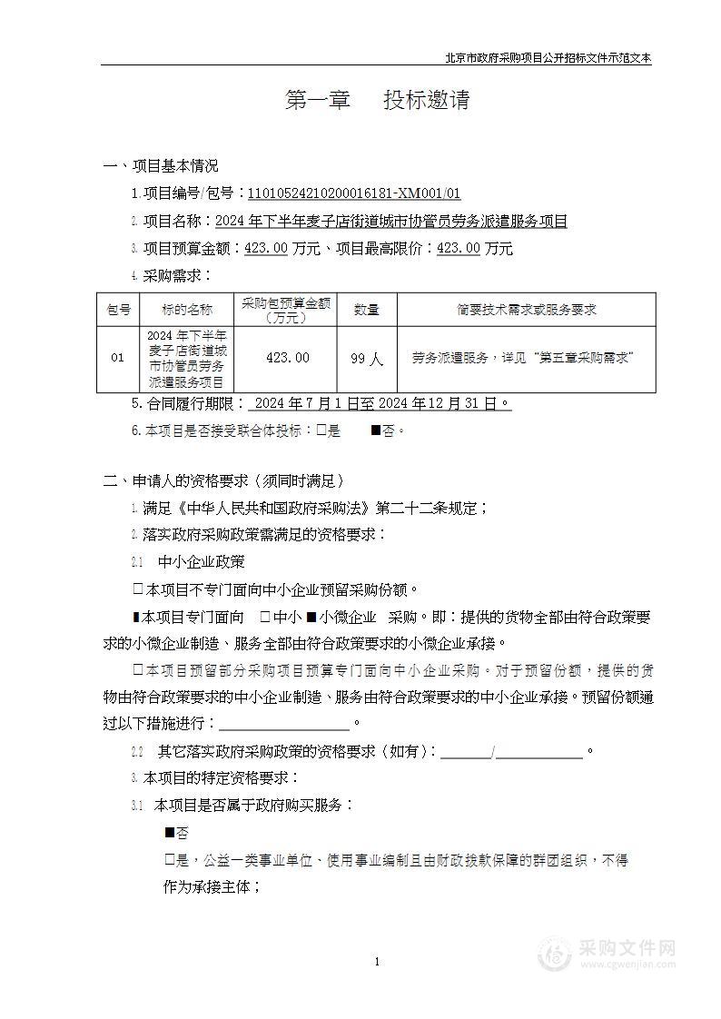 2024年下半年麦子店街道城市协管员劳务派遣服务项目