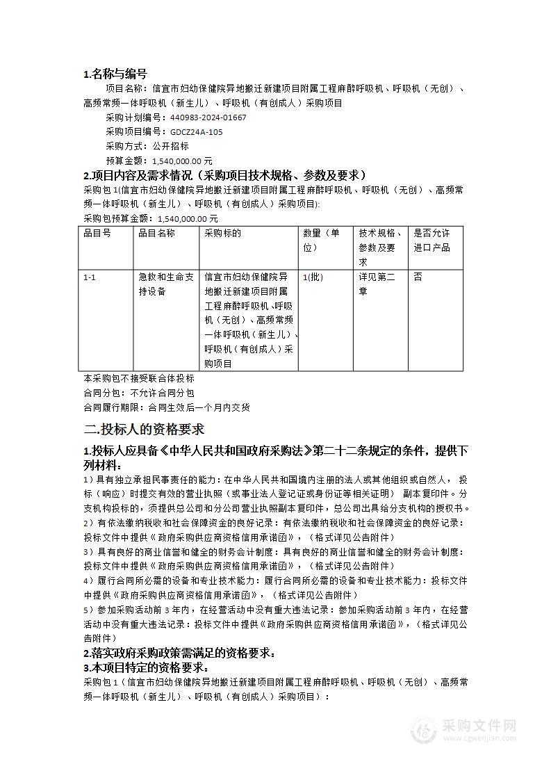 信宜市妇幼保健院异地搬迁新建项目附属工程麻醉呼吸机、呼吸机（无创）、高频常频一体呼吸机（新生儿）、呼吸机（有创成人）采购项目