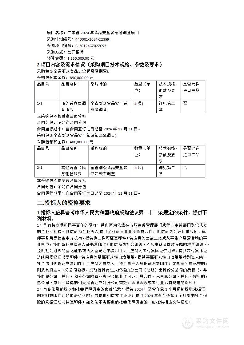 广东省2024年食品安全满意度调查项目