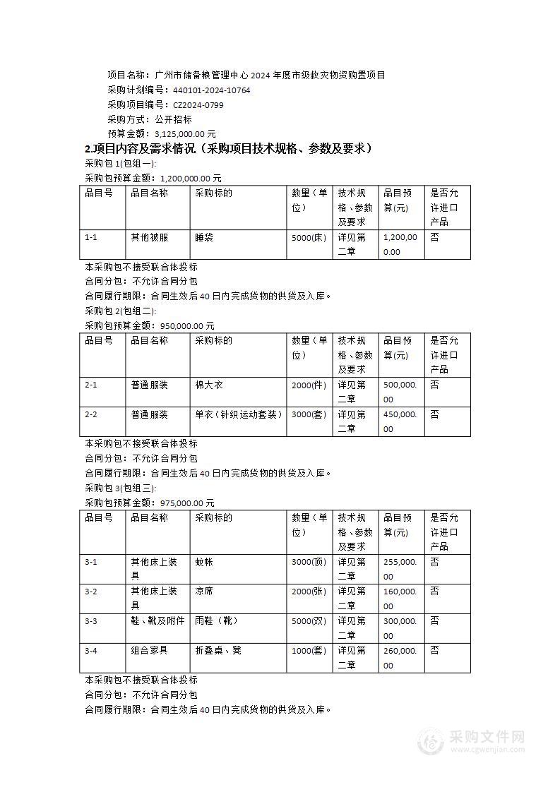 广州市储备粮管理中心2024年度市级救灾物资购置项目