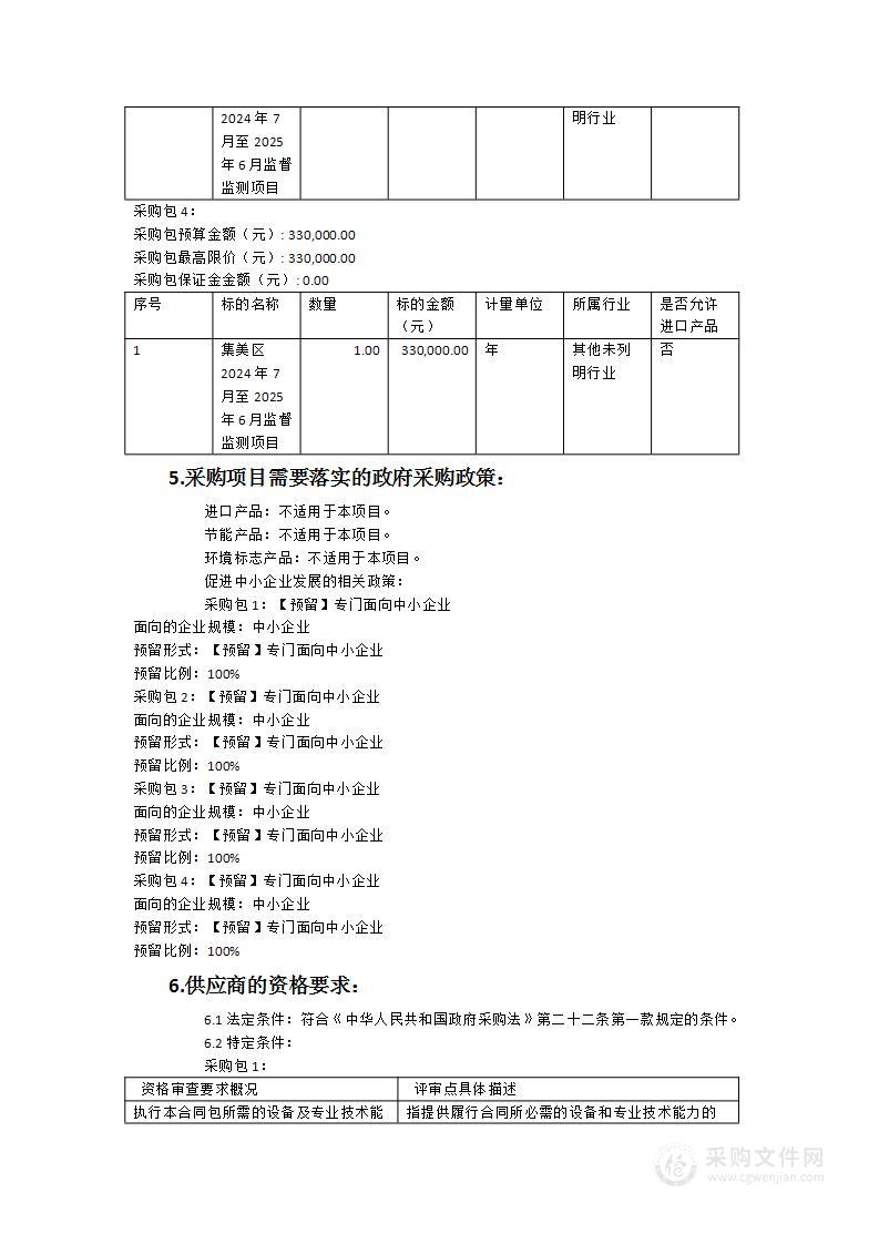 集美区2024年7月至2025年6月监督监测项目