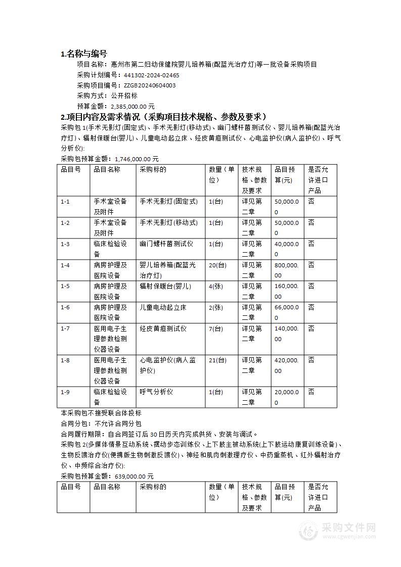 惠州市第二妇幼保健院婴儿培养箱(配蓝光治疗灯)等一批设备采购项目