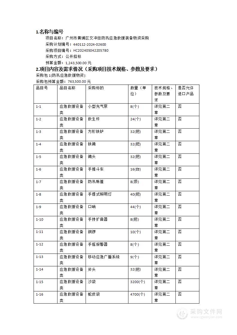 广州市黄埔区文冲街防汛应急救援装备物资采购