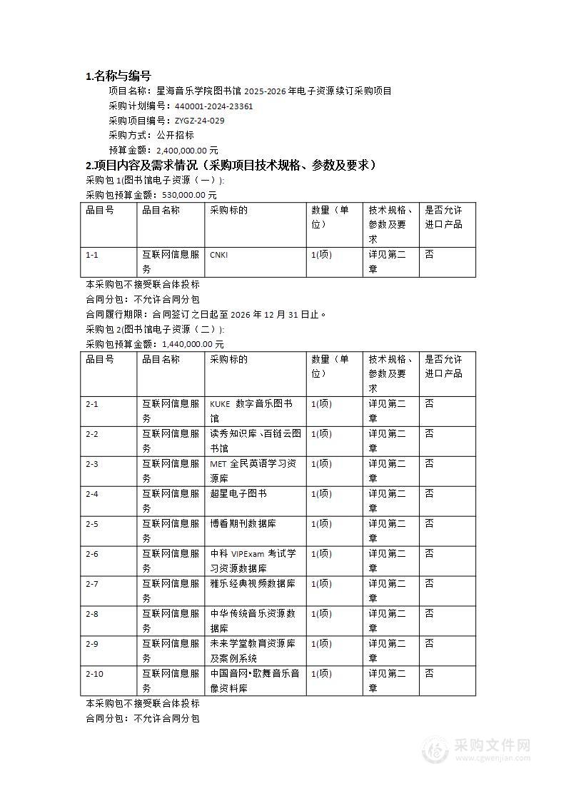 星海音乐学院图书馆2025-2026年电子资源续订采购项目