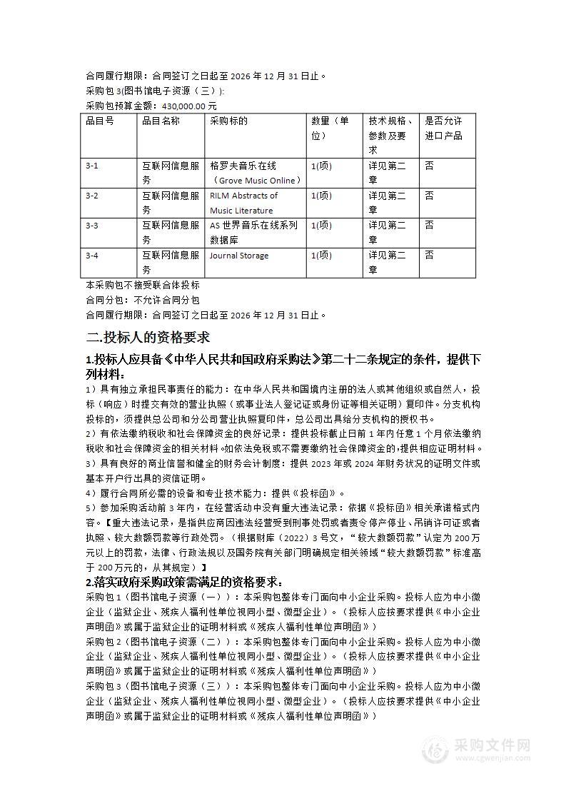 星海音乐学院图书馆2025-2026年电子资源续订采购项目