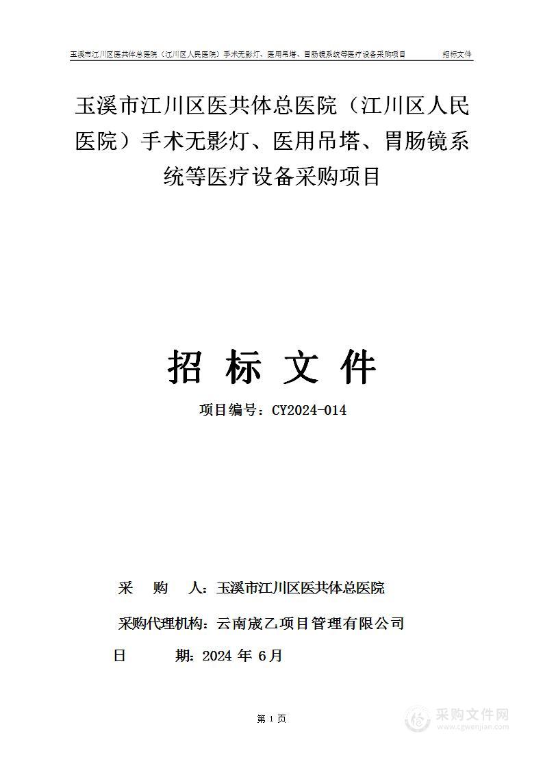 玉溪市江川区医共体总医院（江川区人民医院）手术无影灯、医用吊塔、胃肠镜系统等医疗设备采购项目