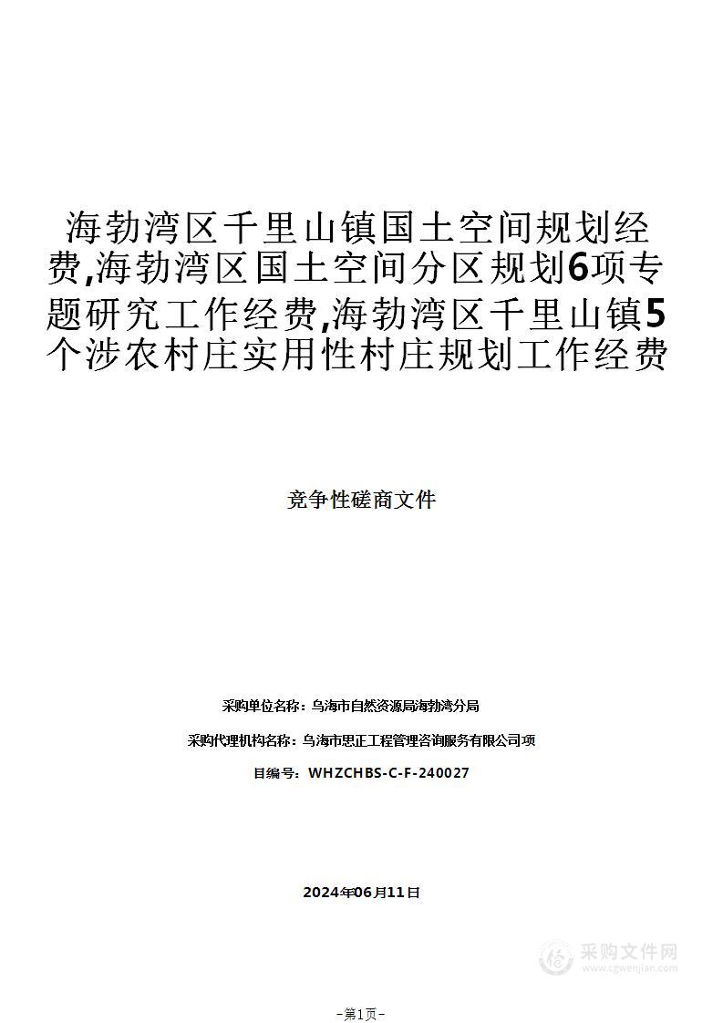 海勃湾区千里山镇国土空间规划经费,海勃湾区国土空间分区规划6项专题研究工作经费,海勃湾区千里山镇5个涉农村庄实用性村庄规划工作经费