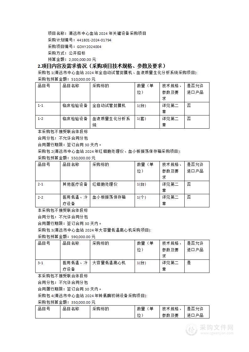 清远市中心血站2024年关键设备采购项目