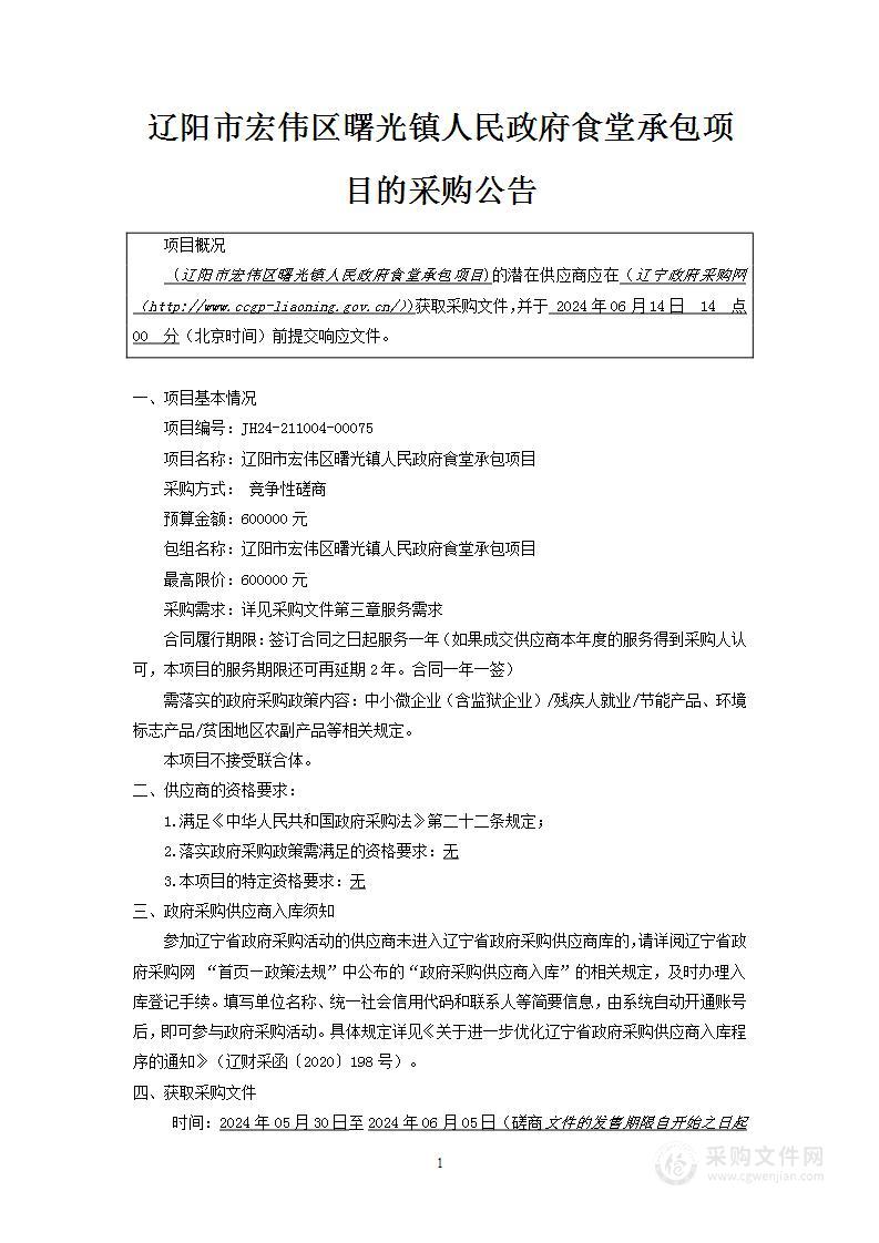 辽阳市宏伟区曙光镇人民政府食堂承包项目