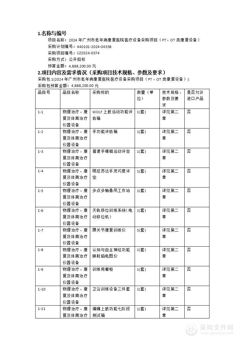 2024年广州市老年病康复医院医疗设备采购项目（PT、OT类康复设备）