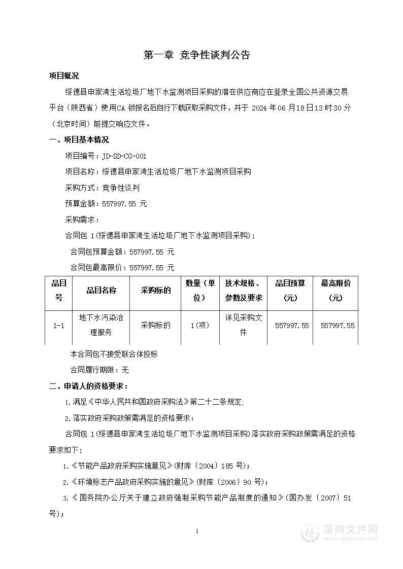 绥德县申家湾生活垃圾厂地下水监测项目采购