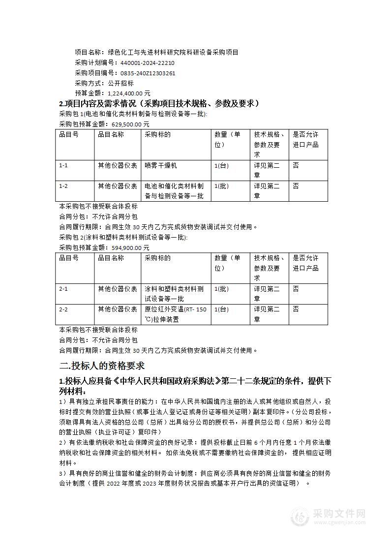 绿色化工与先进材料研究院科研设备采购项目