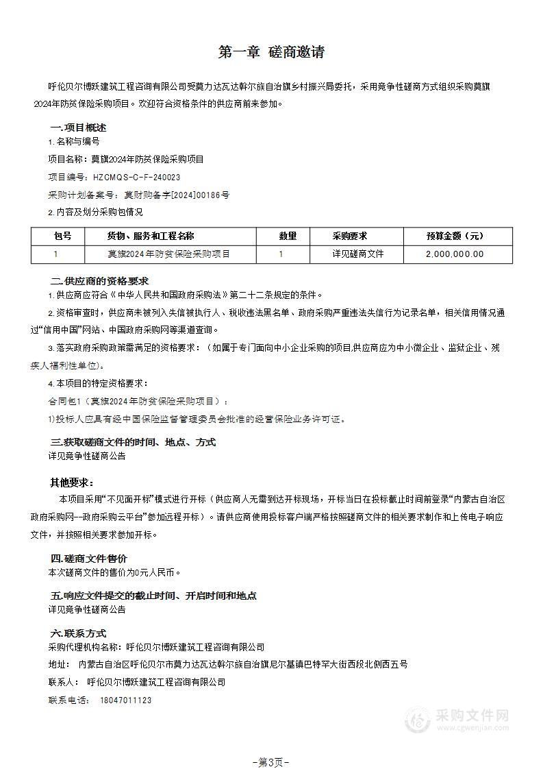 莫旗2024年防贫保险采购项目