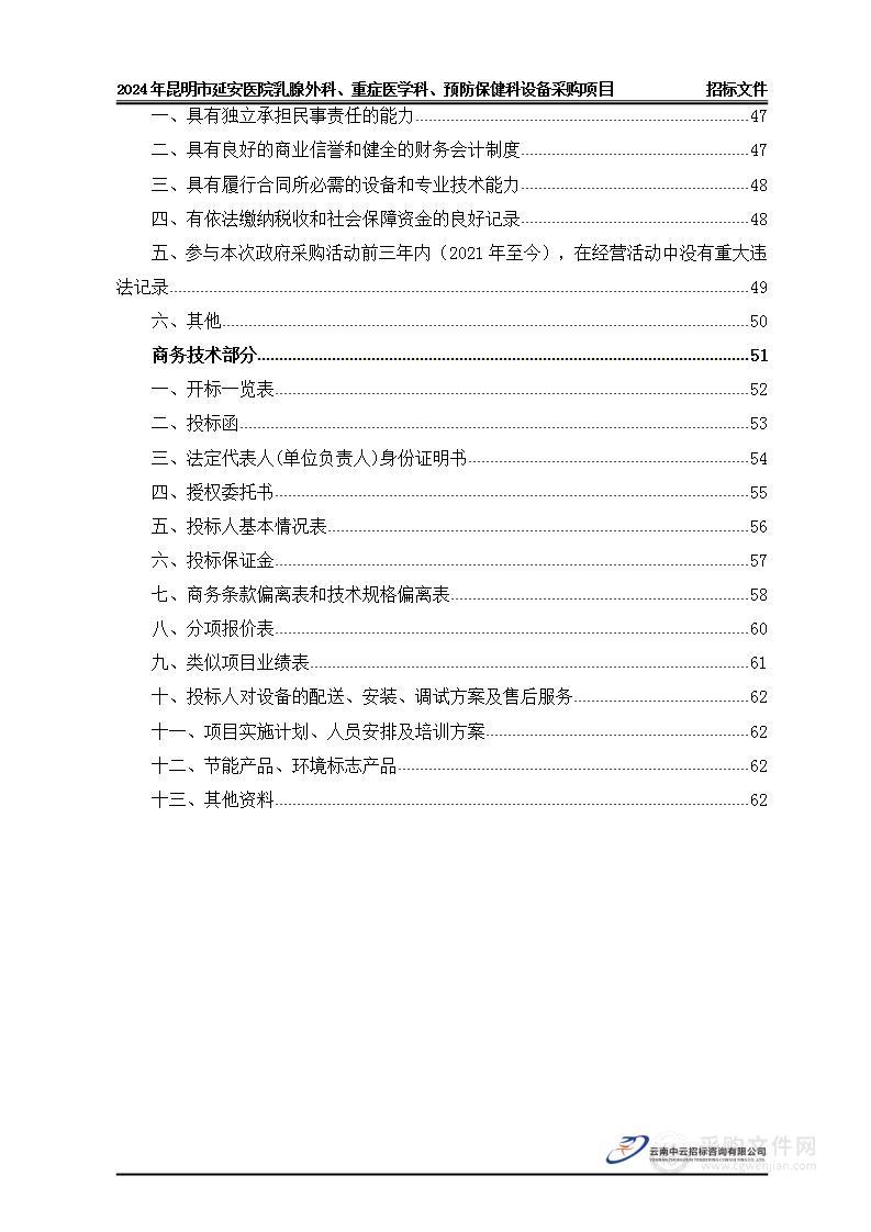 2024年昆明市延安医院乳腺外科、重症医学科、预防保健科设备采购项目