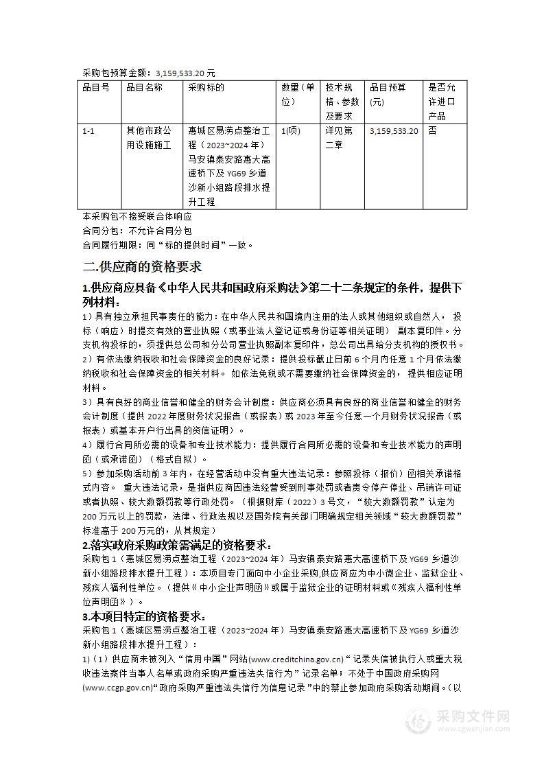 惠城区易涝点整治工程（2023~2024年）马安镇泰安路惠大高速桥下及YG69乡道沙新小组路段排水提升工程