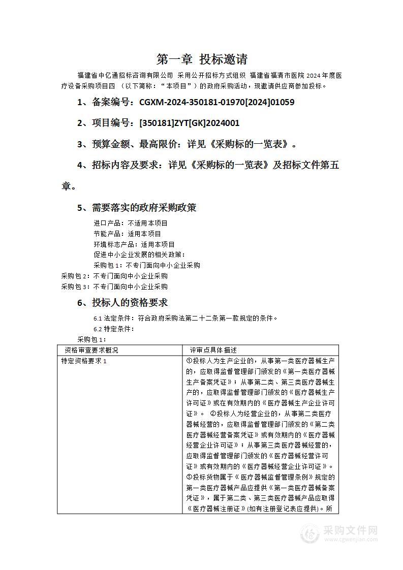 福建省福清市医院2024年度医疗设备采购项目四