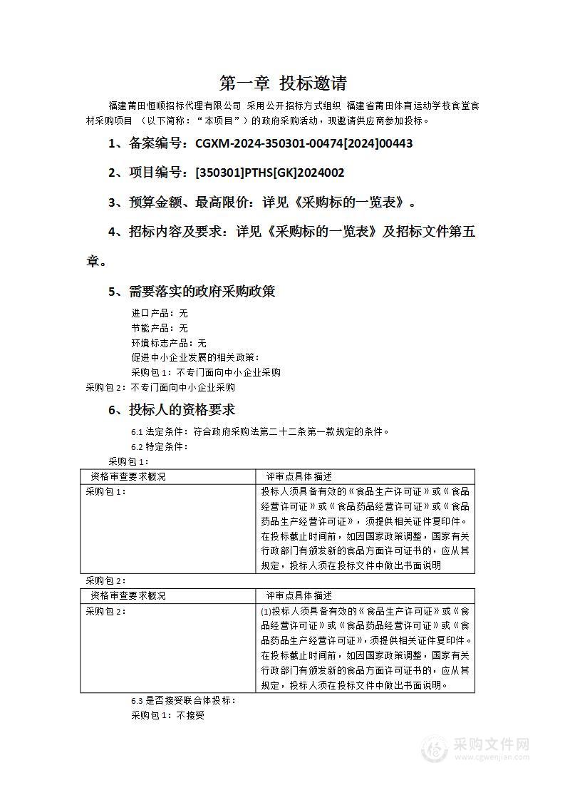 福建省莆田体育运动学校食堂食材采购项目